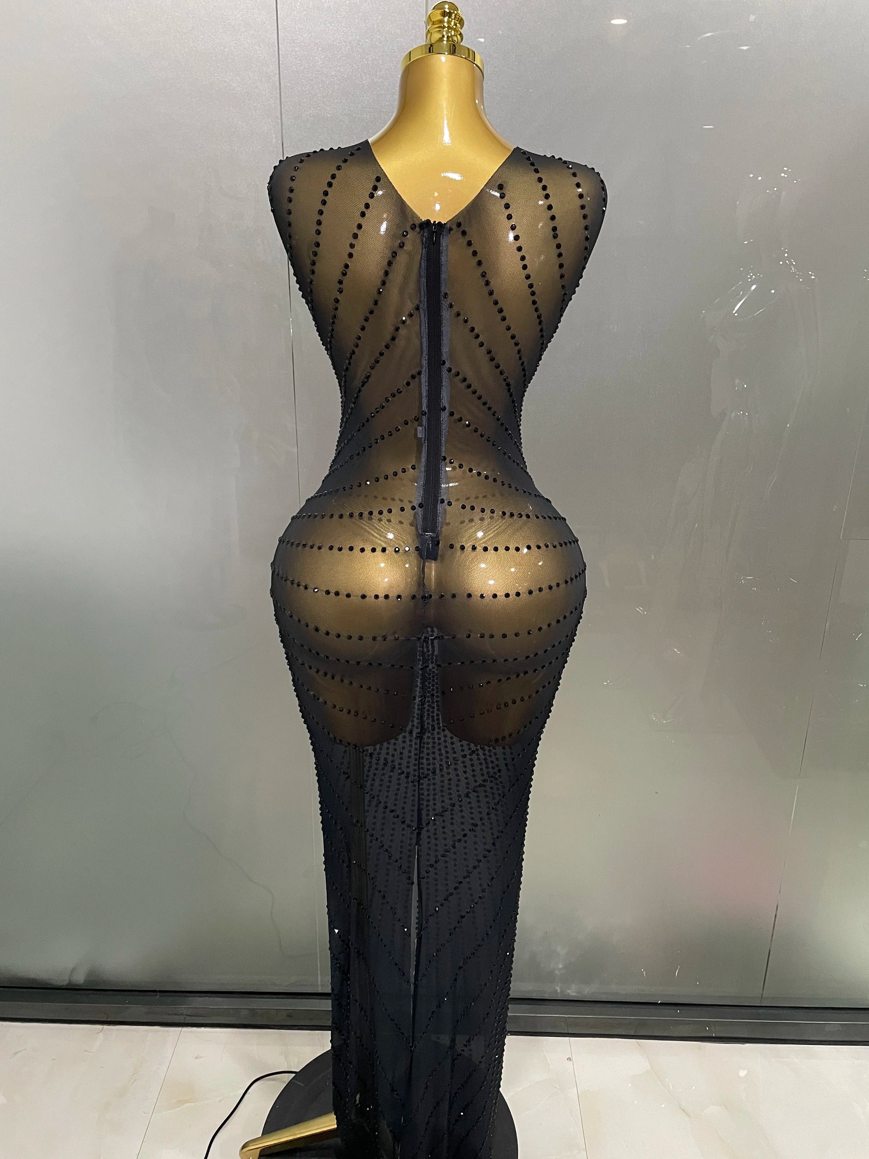 Gold Rhinestone Harness Gown | Sleeveless | Ankle-Length | Stage