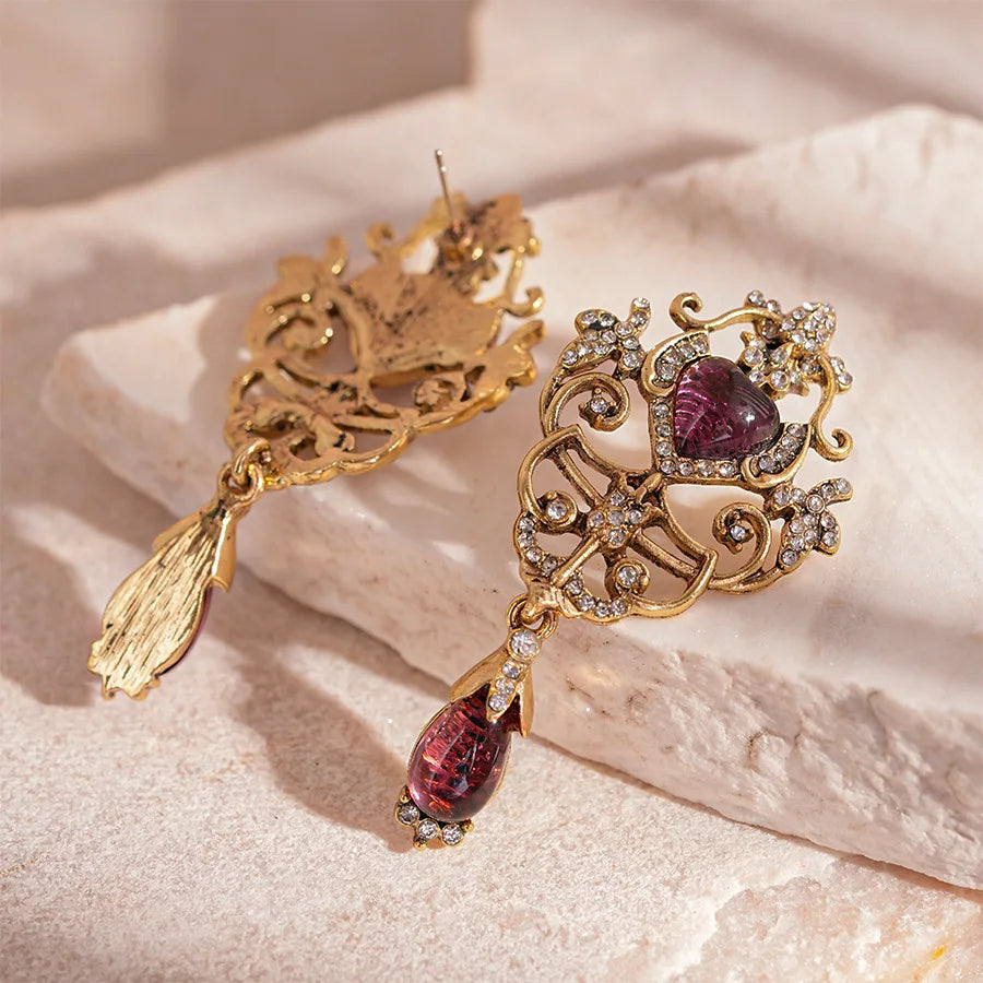 Antique Gold Filigree Drop Earrings | Ruby Crystal