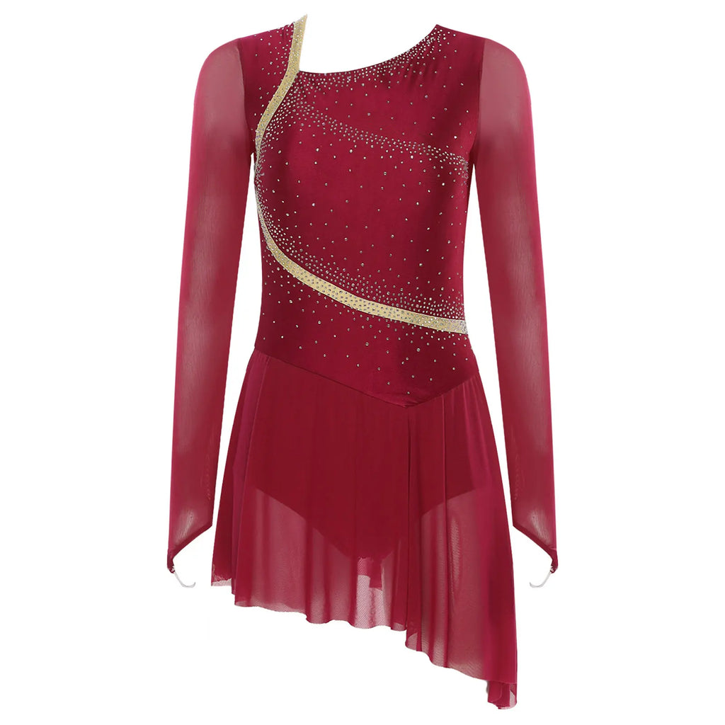 Rhinestone Mesh Skating Dress | Long Sleeve | Backless