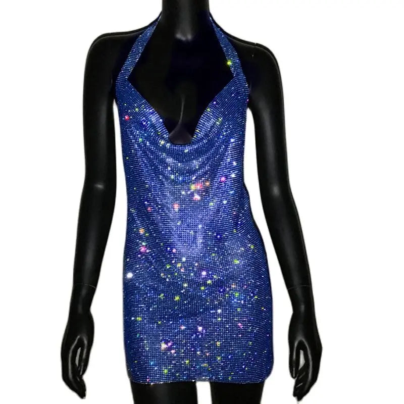 Crystal Rhinestone Halter Mini Dress - Backless Metal Mesh Cocktail Dress