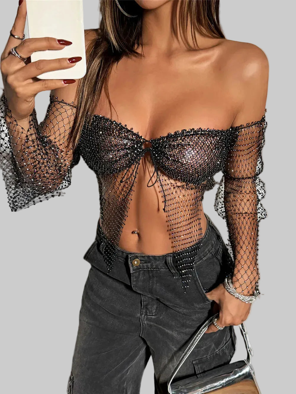 Rhinestone Mesh Crop Top with Sleeves - Sheer Corset Style Tank