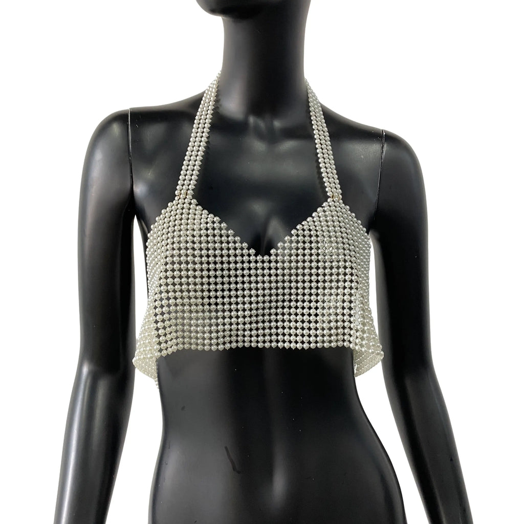 Pearl Sequin Halter Crop Top - Backless V-Neck Camisole
