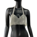 Pearl Sequin Halter Crop Top - Backless V-Neck Camisole