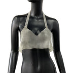 Pearl Sequin Halter Crop Top - Backless V-Neck Camisole