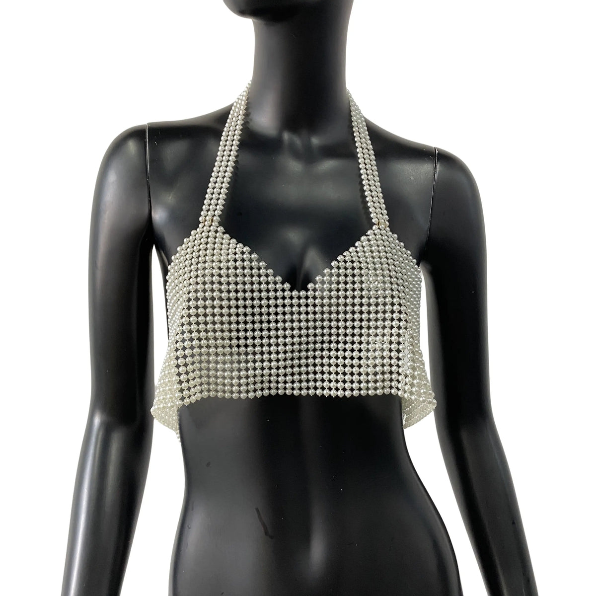 Pearl Sequin Halter Crop Top - Backless V-Neck Camisole