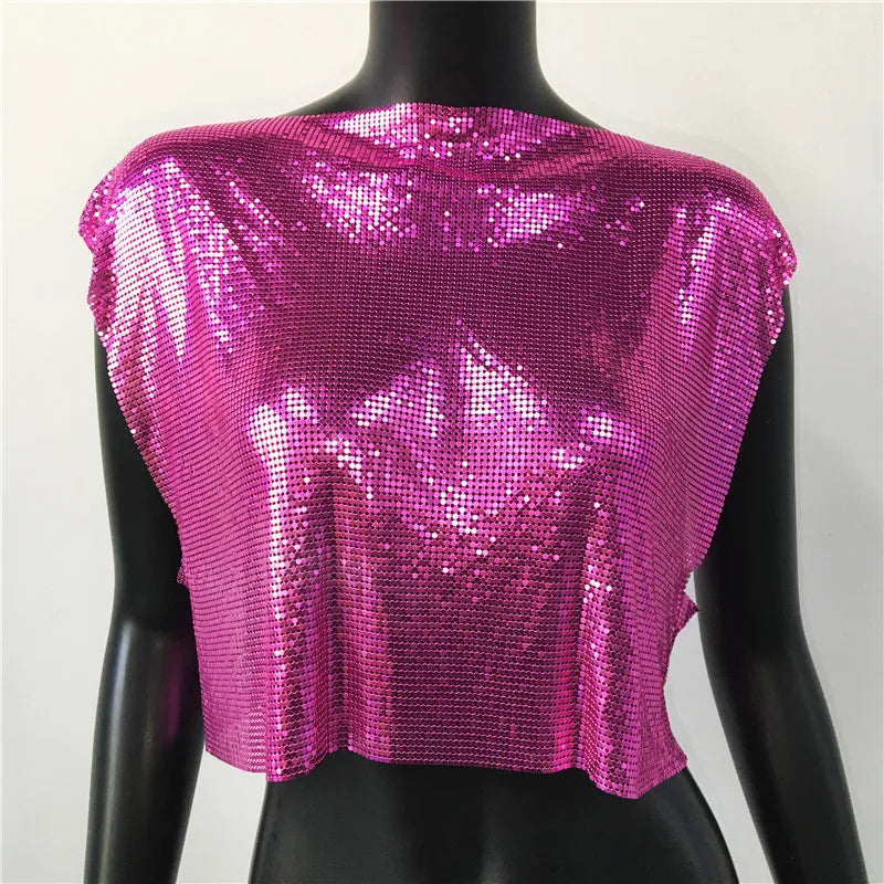 Metal Sequin Crop Top - Sleeveless Party Tank Top