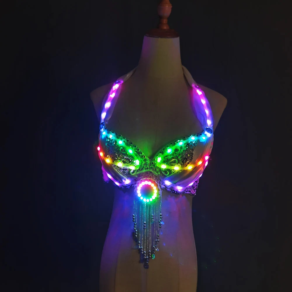 LED RGB Light-Up Belly Dance Set | Bra & Ruffle Skirt | Rave & Stage Performance