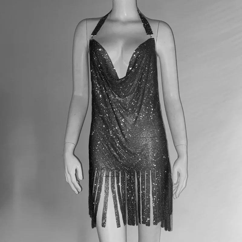 Metal Rhinestone Bodycon Mini Dress - Backless Party Dress