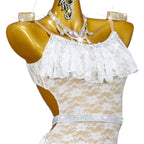 Rhinestone Lace Latin Dance Dress – Tassel & Sash Performance Gown