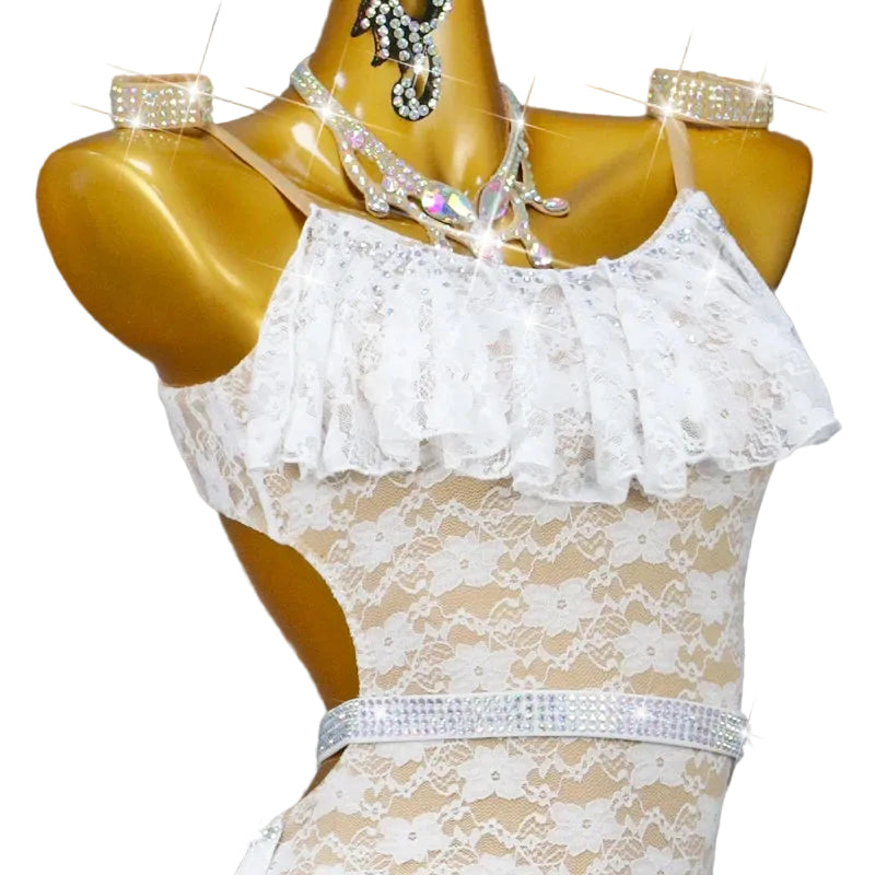Rhinestone Lace Latin Dance Dress – Tassel & Sash Performance Gown