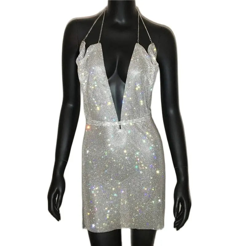 Sparkly Rhinestone Backless Halter Mini Dress - Metal Chain Party Dress