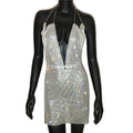 Sparkly Rhinestone Backless Halter Mini Dress - Metal Chain Party Dress