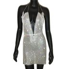 Sparkly Rhinestone Backless Halter Mini Dress - Metal Chain Party Dress