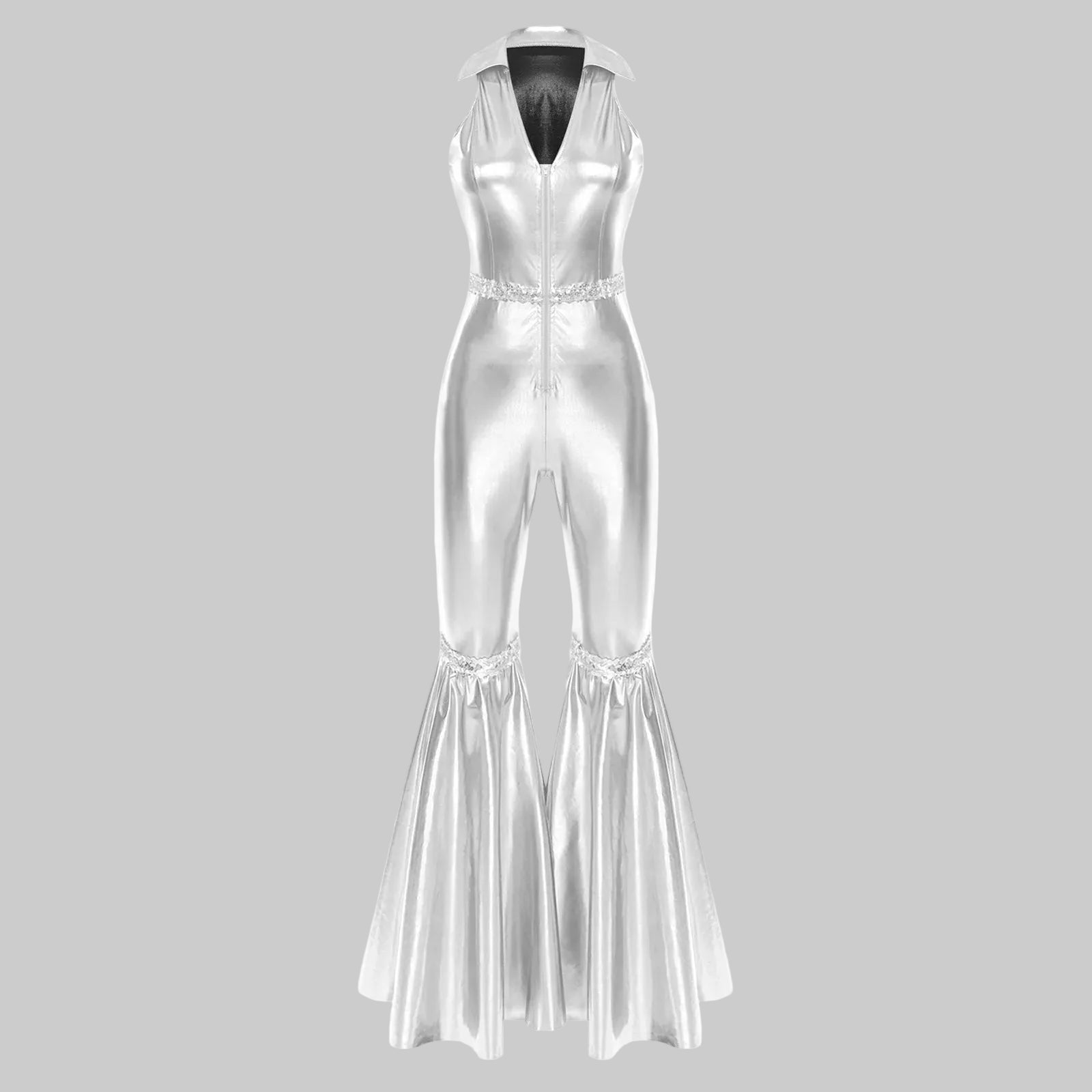 70s Disco Sequin Jumpsuit - Retro Bell Bottom Performance Romper