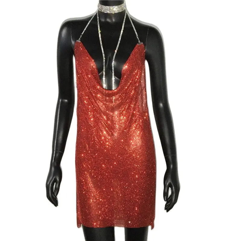 Rhinestone Mini Dress - Sheer Sequin Bodycon Dress with Asymmetric Neckline