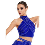 Women's Rhinestone Cross-Halter Dance Crop Top | Backless & Ruched Mesh | Latin & Salsa