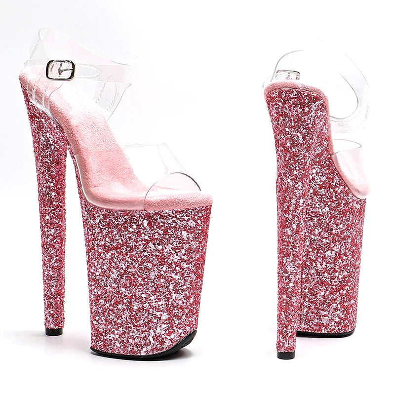 23cm Clear Platform Pole Dance Sandals - 9 Inch High Heels with Glitter