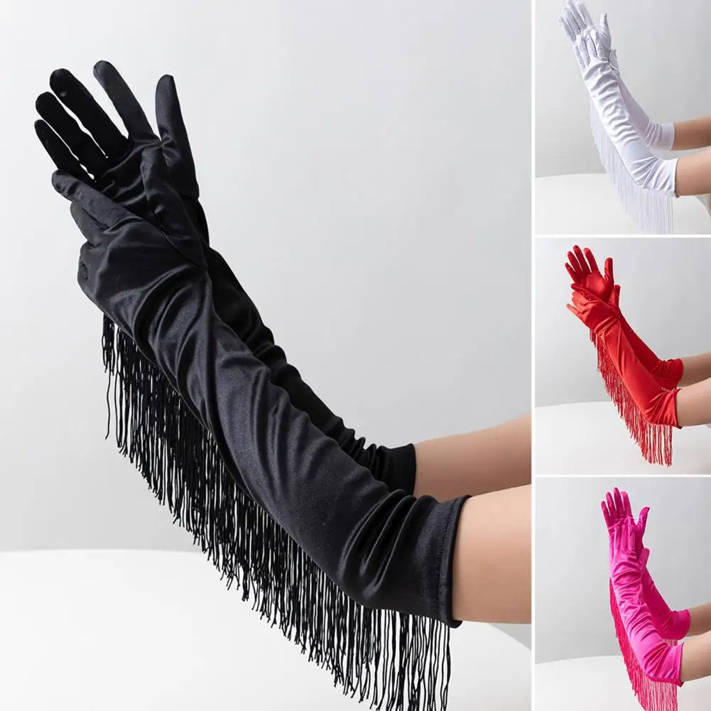 Fringe Tassel Opera Gloves — Elbow Length, 45cm | Rose Red, Red, White, Black