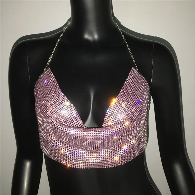 Shiny Rhinestone Deep V-Neck Crop Top - Backless Party Camisole
