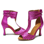 Purple Satin Latin Dance Shoes | Peep Toe | Lace-Up Heel