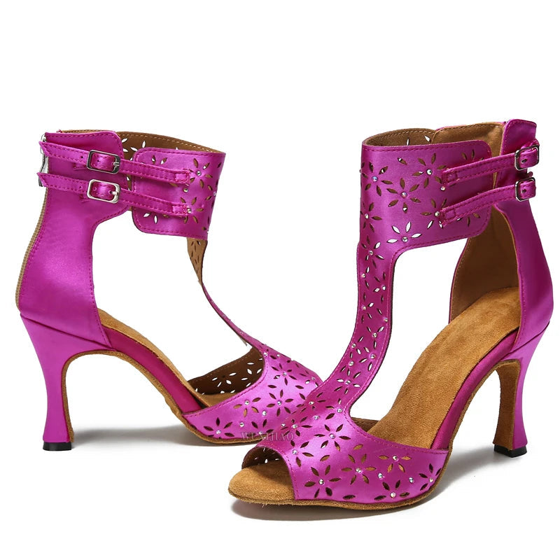 Purple Satin Latin Dance Shoes | Peep Toe | Lace-Up Heel