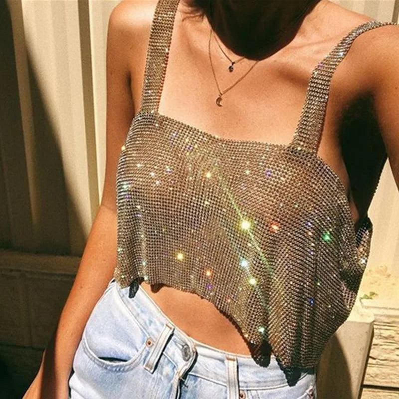Rhinestone Backless Crop Top - Sparkly Sequin Camisole Tank