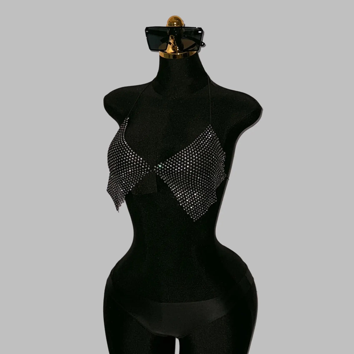 Rhinestone Mesh V-Neck Halter Crop Top