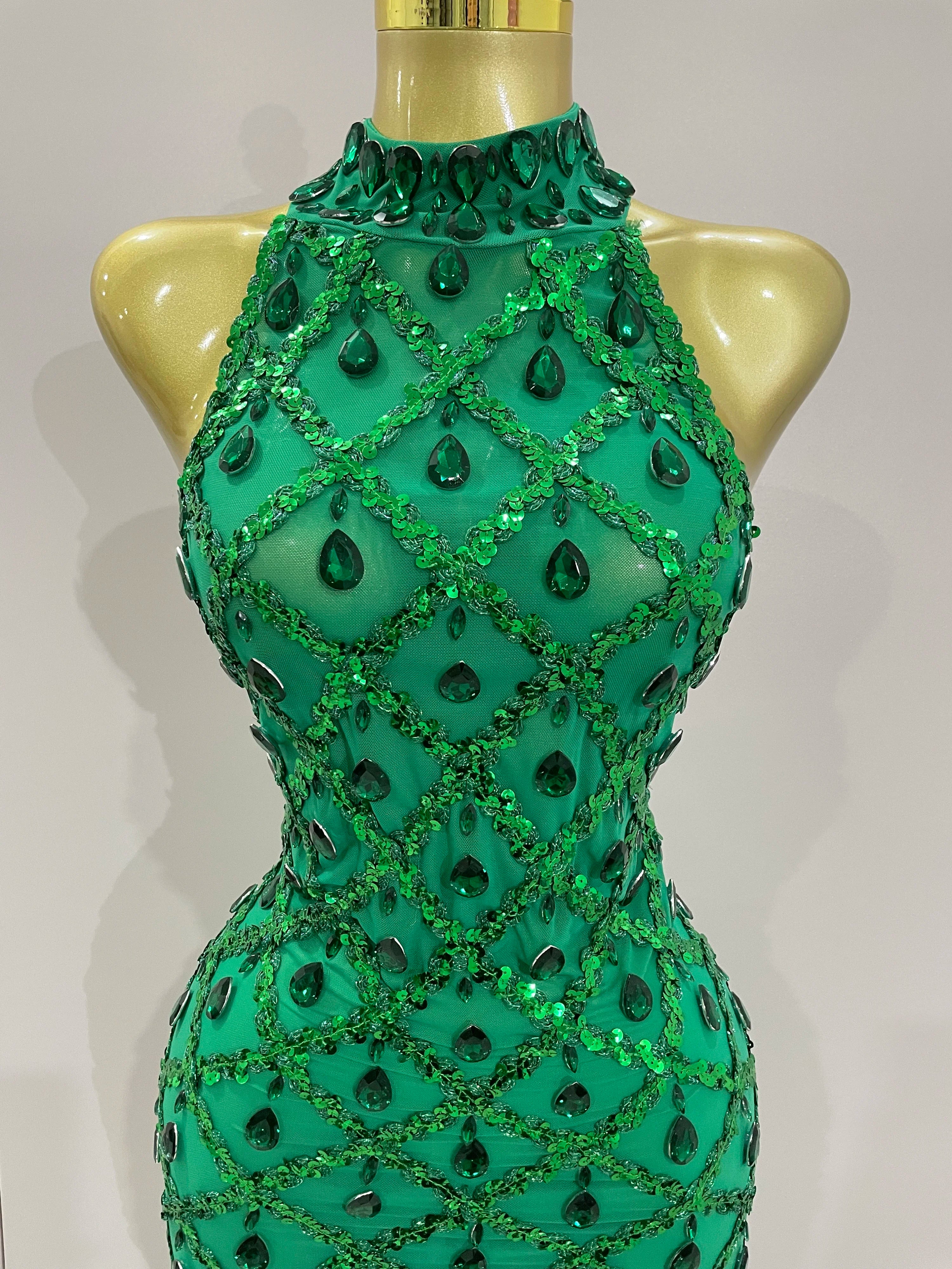 Diamond Sequin Mesh Halter Maxi Gown | Rhinestone | Stage