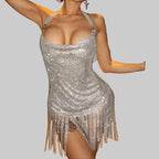 Metal Rhinestone Bodycon Mini Dress - Backless Party Dress