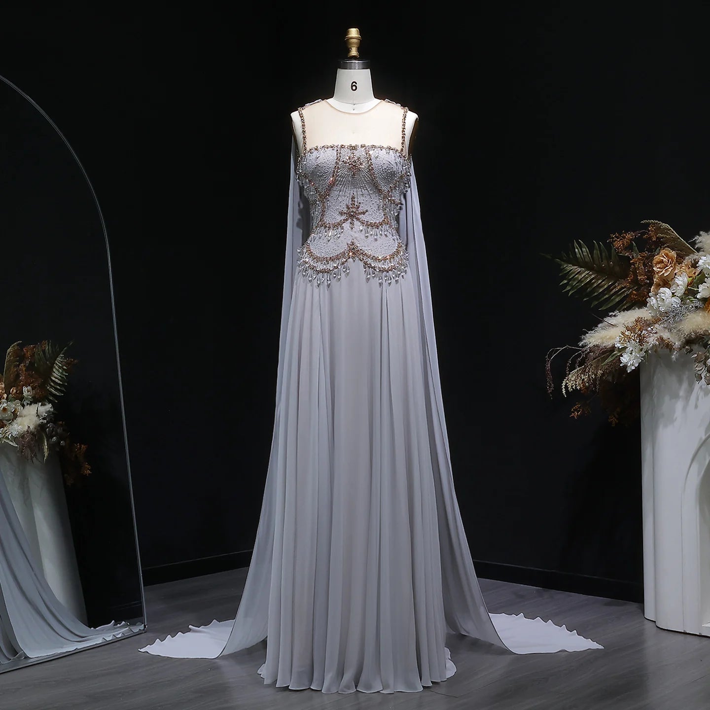 Crystal Beaded Cape Gown | A-Line | Floor-Length