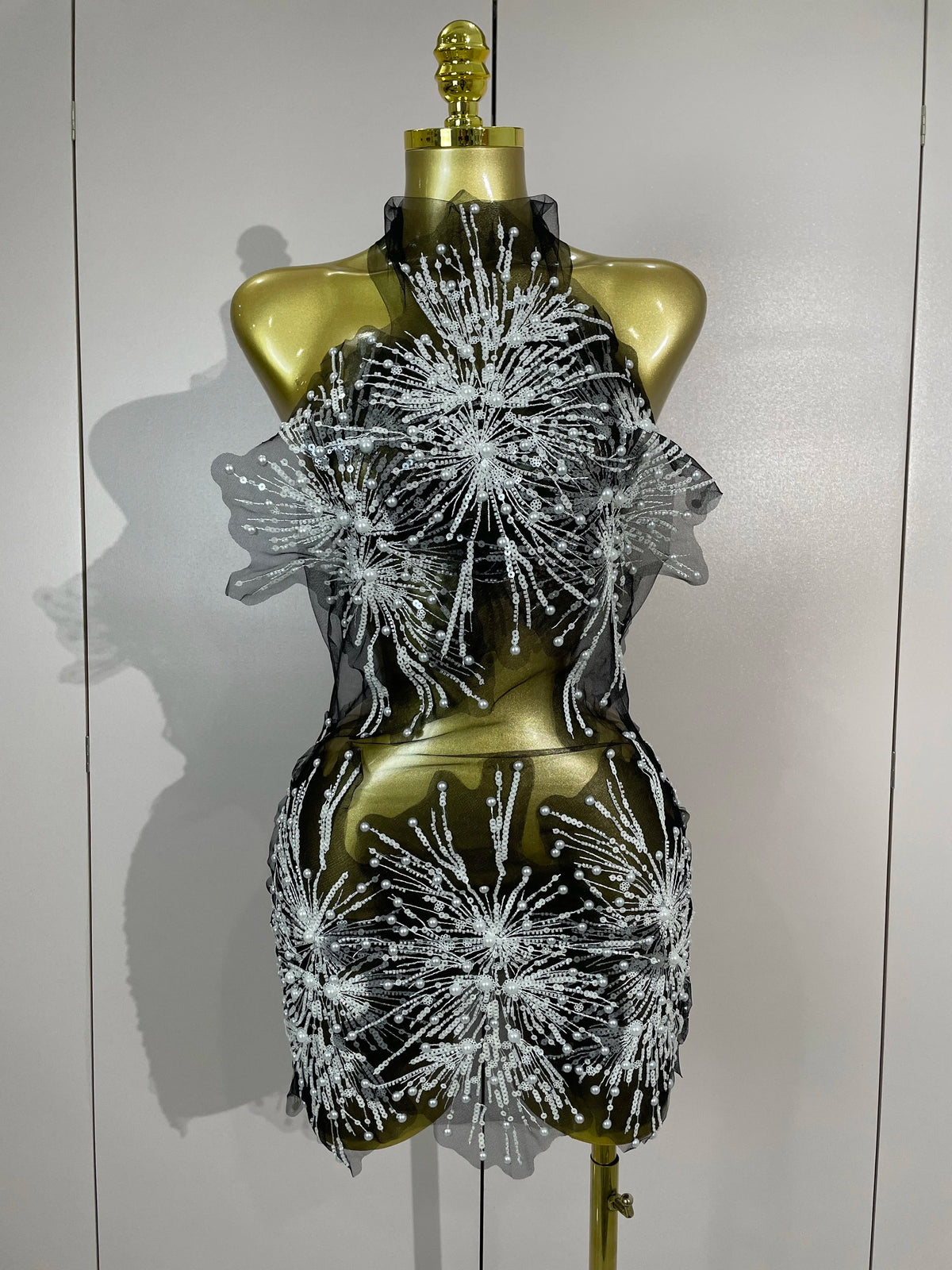 Pearl Starburst Mesh Mini Dress | 3D Appliqué | Stage & Performance