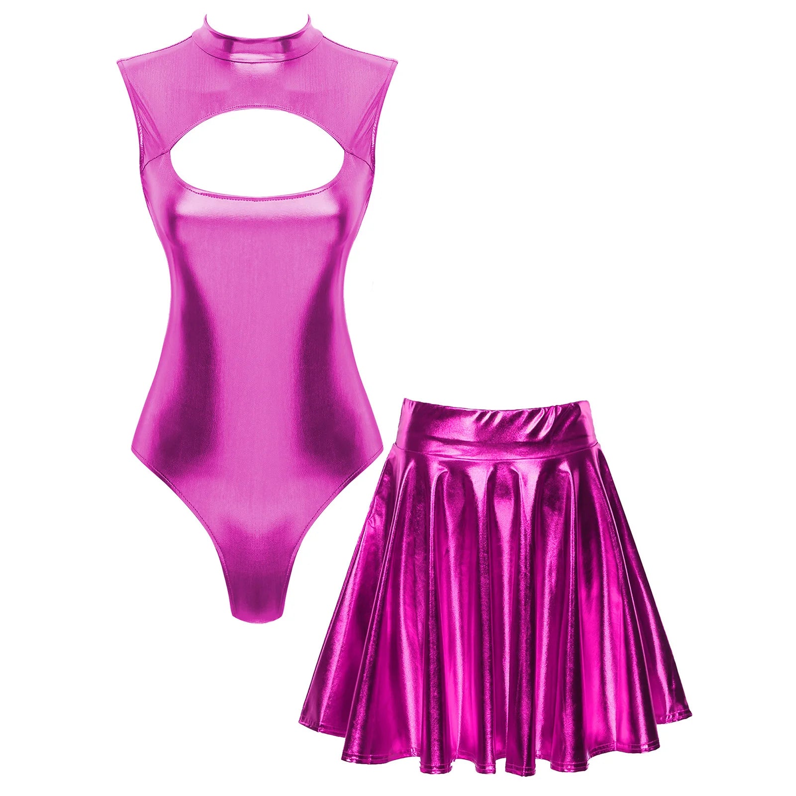 Holographic 2-Piece Set | Cutout Bodysuit + Pleated Skirt