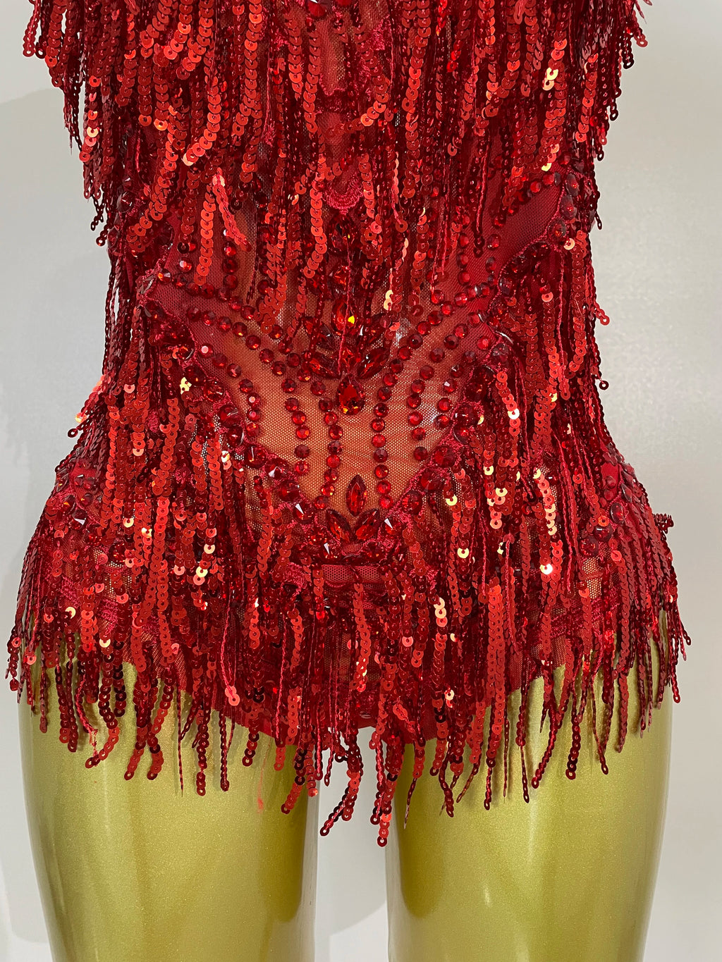 Rhinestone Sequin Tassel Bodysuit | Red & Silver | S–XL