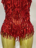Rhinestone Sequin Tassel Bodysuit | Red & Silver | S–XL