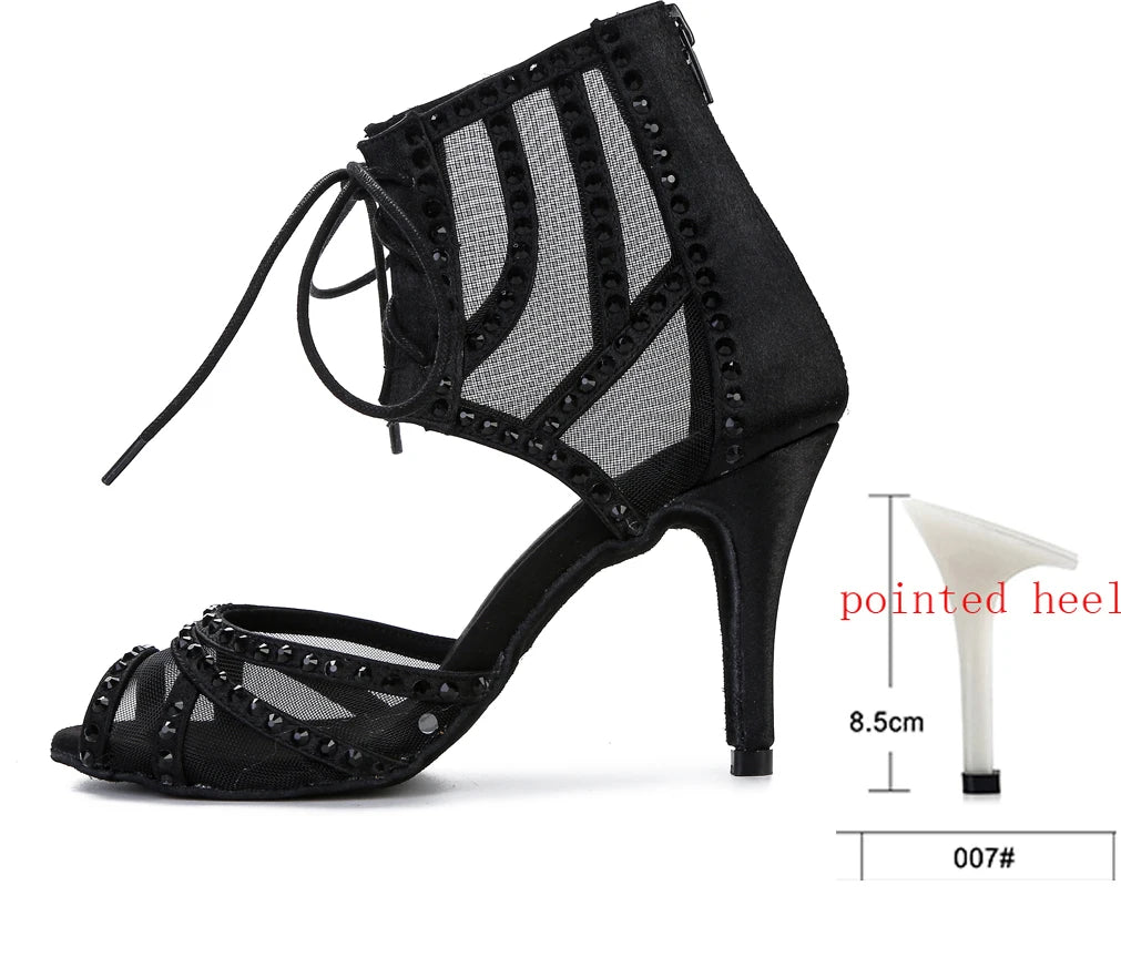 Women's Rhinestone Latin Dance Heels | Mesh & Satin | Stiletto