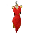 Red Rhinestone Latin Dance Dress with Fringe & Crystal Details