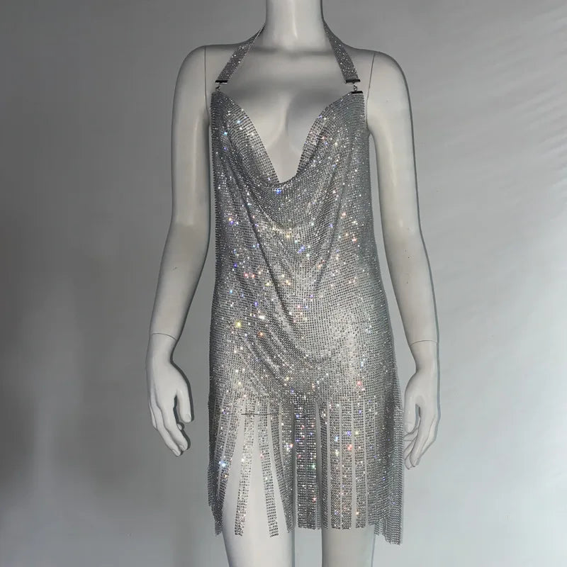 Metal Rhinestone Bodycon Mini Dress - Backless Party Dress