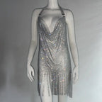 Metal Rhinestone Bodycon Mini Dress - Backless Party Dress