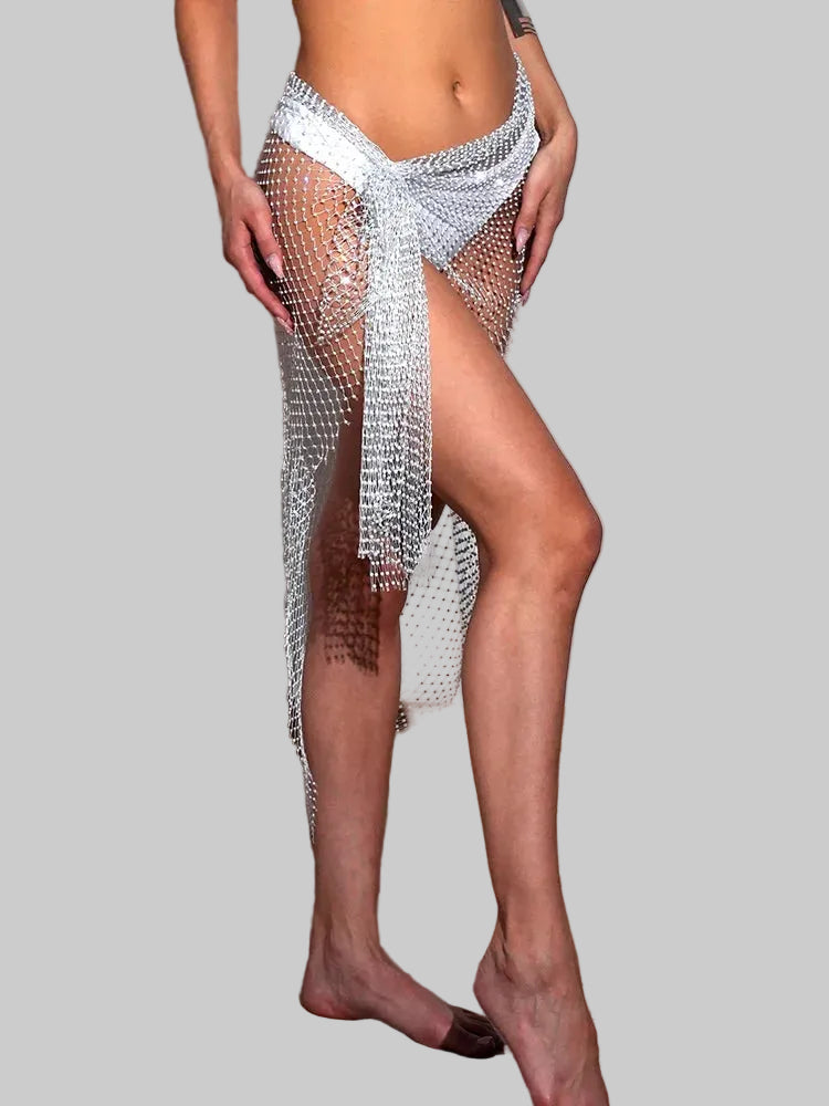 Rhinestone Mesh Bandage Mini Skirt