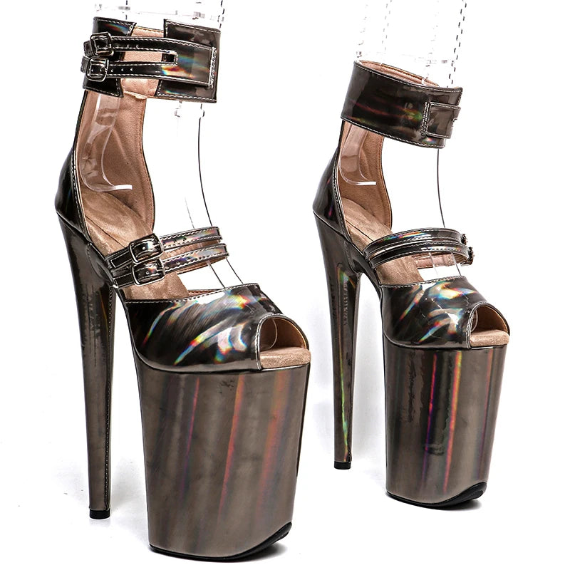 9-Inch Holographic Platform Sandals - Peep Toe Exotic Dance Heels