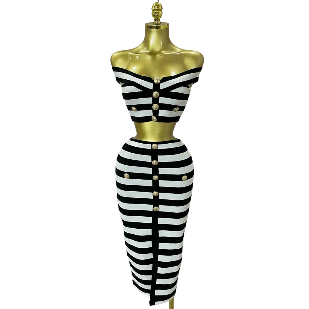 Stripe Button Two-Piece Set | Crop Top & Skirt | Stage