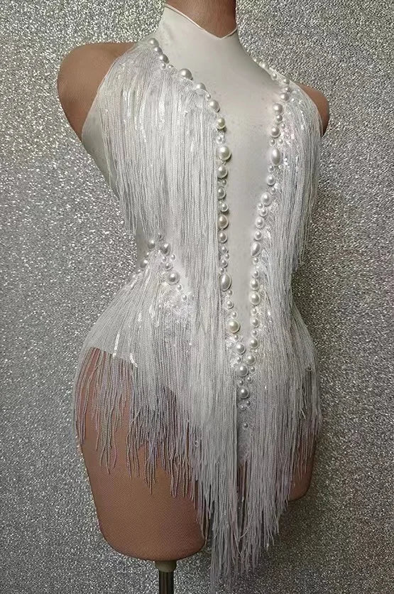 Rhinestone Sequin Feather Tassel Leotard | Stage & Dance