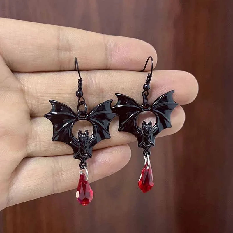 Gothic Vampire Bat Drop Earrings | Crystal Pendant | Drag & Costume Jewelry