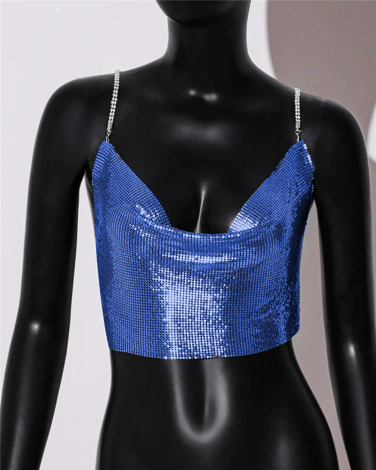 Metal Sequin Rhinestone Chain Crop Top - Deep V Backless Tank