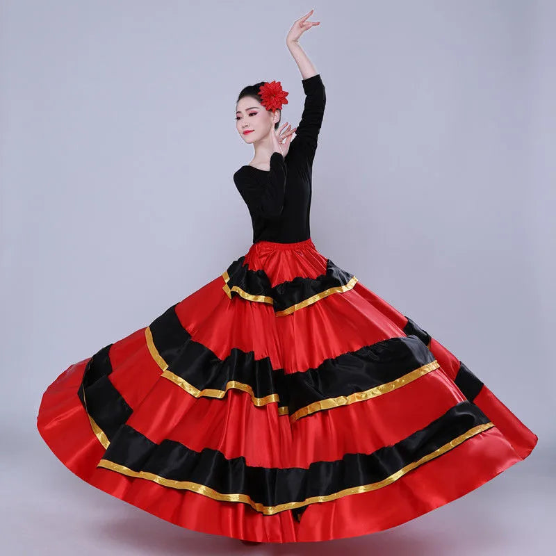 Satin Flamenco Skirt | Gold-Trim Ruffle | 360–720° Swing