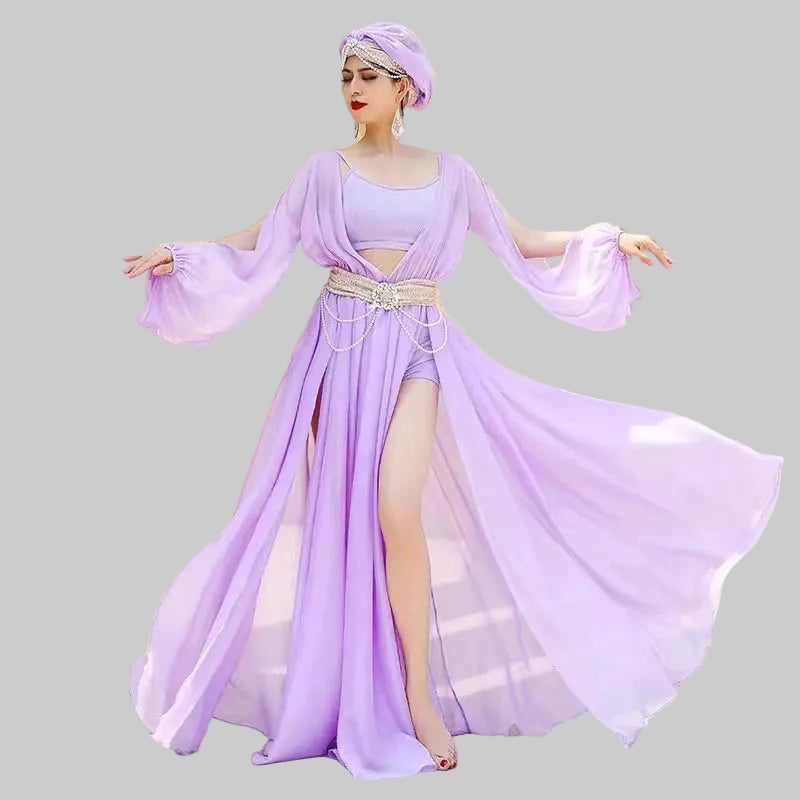 Muwashahat Belly Dance Dress Set - Baladi Satin Gown with Pearl Belt & Veil