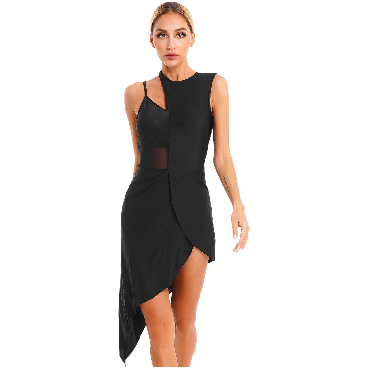 Women's Asymmetric Hem Dance Dress | Mesh & Lace Patchwork | Lyrical, Latin & Performance