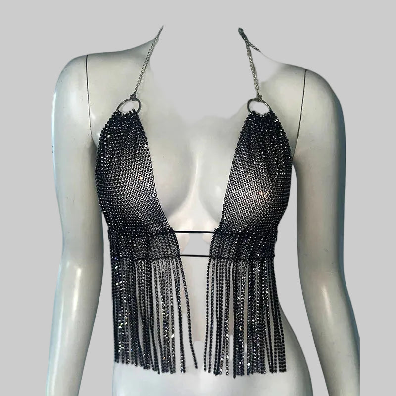Rhinestone Halter Crop Top - Deep V-Neck Backless Camisole
