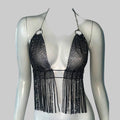 Rhinestone Halter Crop Top - Deep V-Neck Backless Camisole