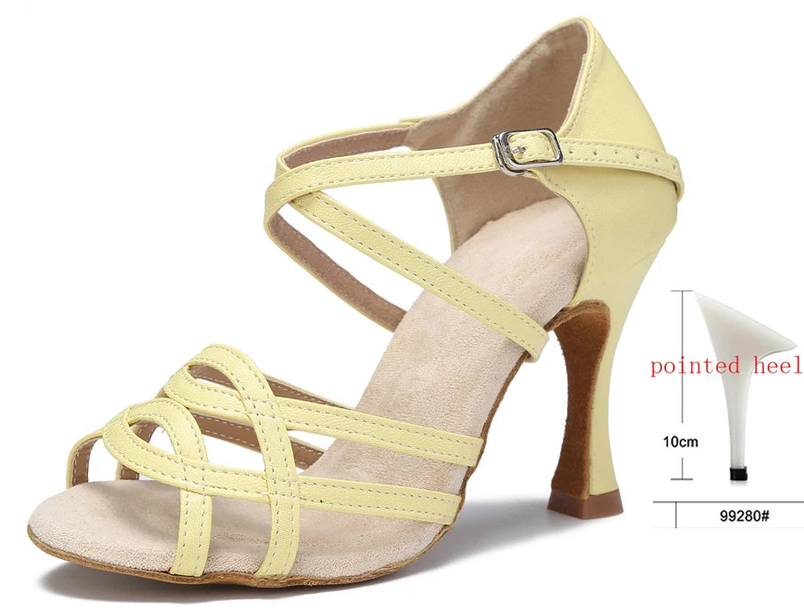 Cross-Strap Latin Dance Sandals | Cuban Heel | 6–10cm | Purple & Yellow